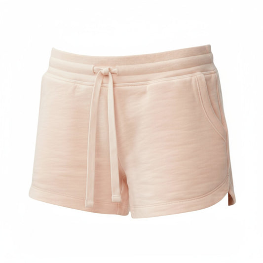 Pink shorts with a drawstring on a white background