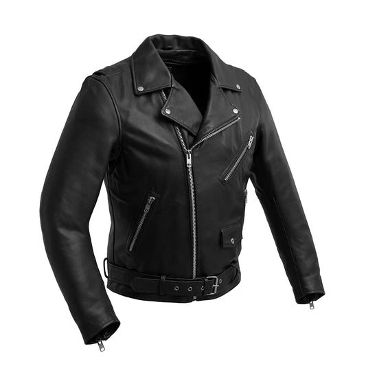 Black leather jacket with silver zippers on a white background