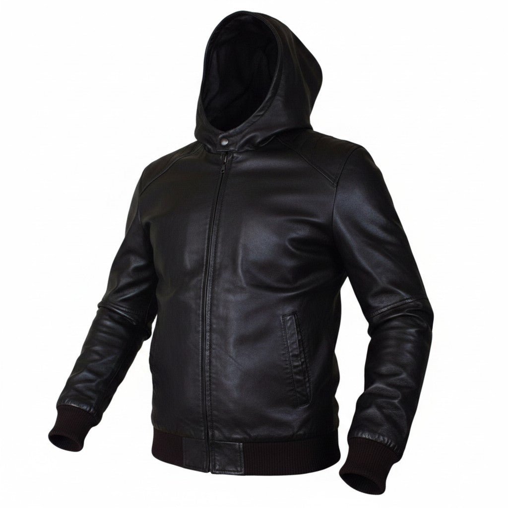 Black leather hoodie on a white background