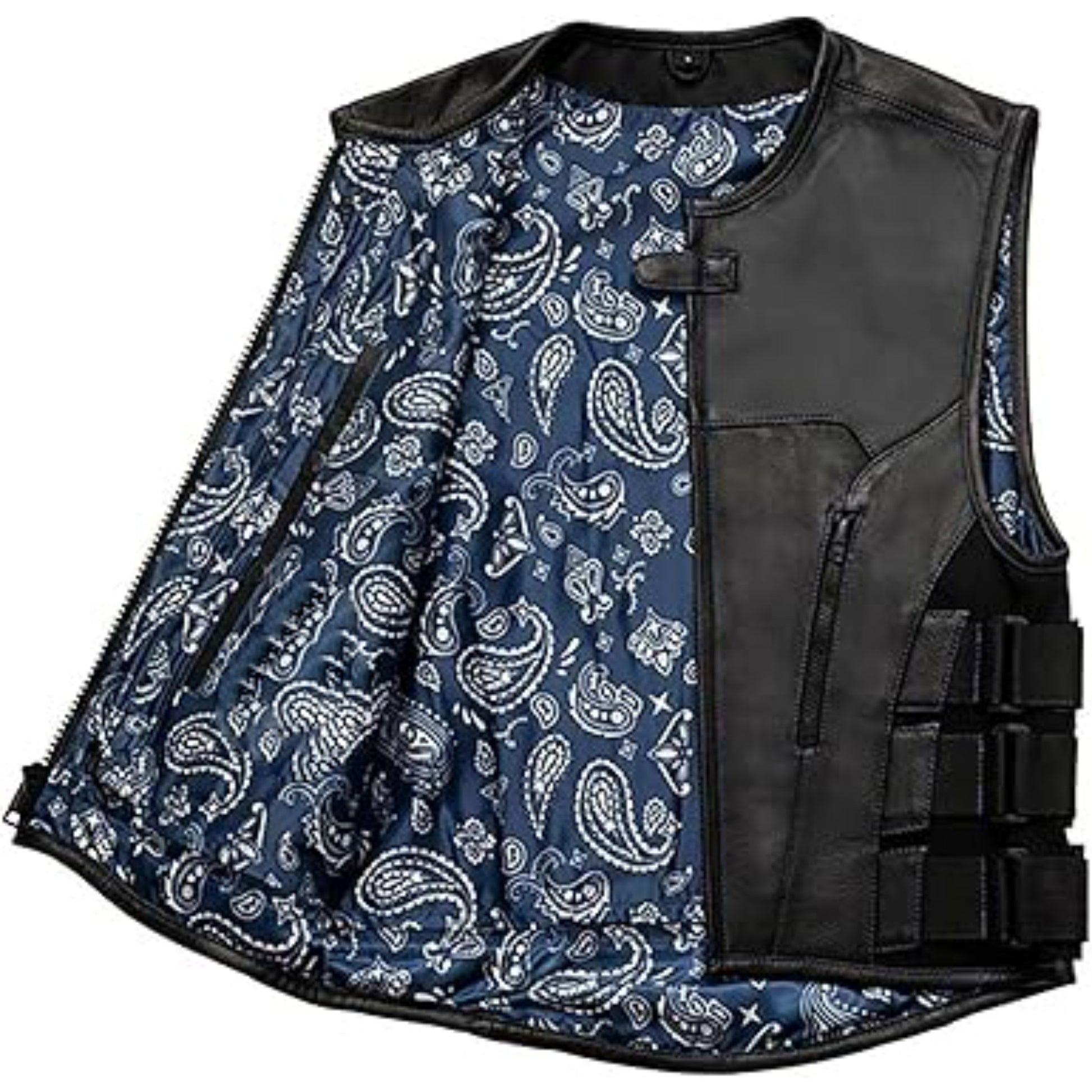 Vest with blue paisley pattern on one side and black leather on the other, on a white background.