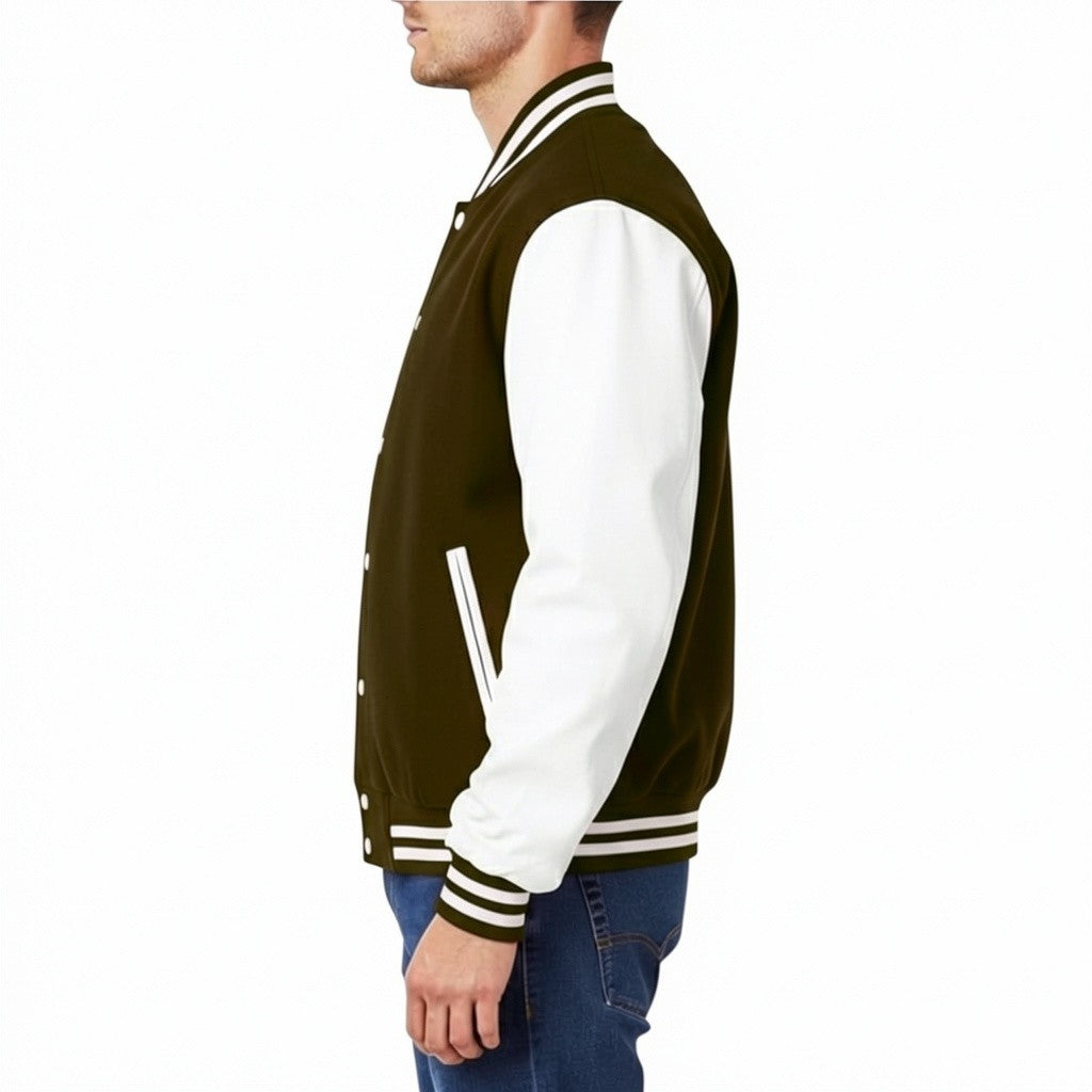 Man wearing a brown and white varsity jacket on a white background