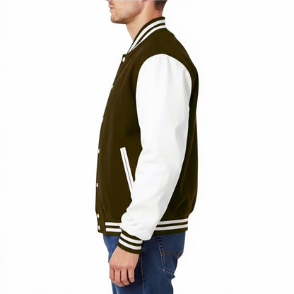 Man wearing a brown and white varsity jacket on a white background