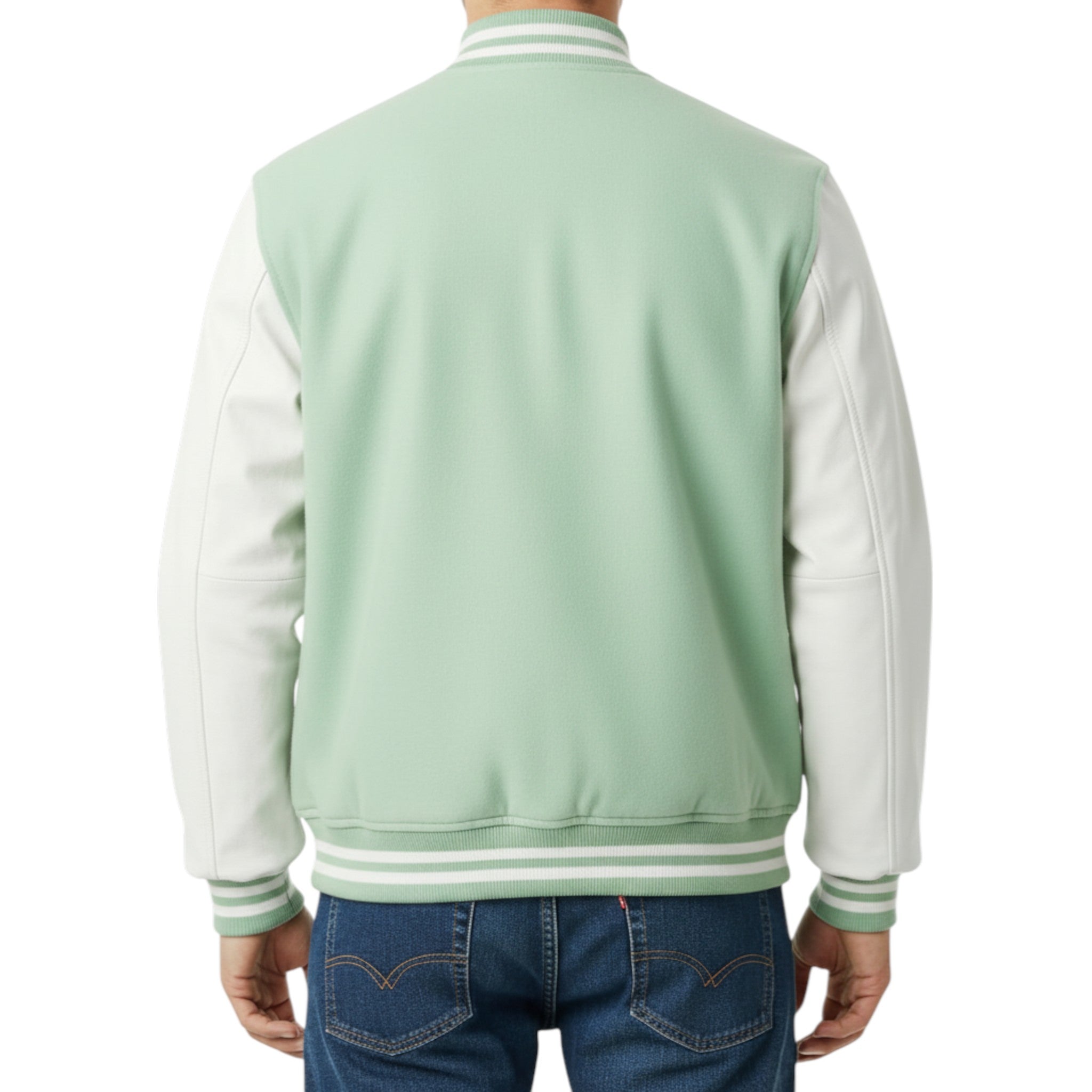 Light green varsity jacket with white sleeves worn by a person on a white background