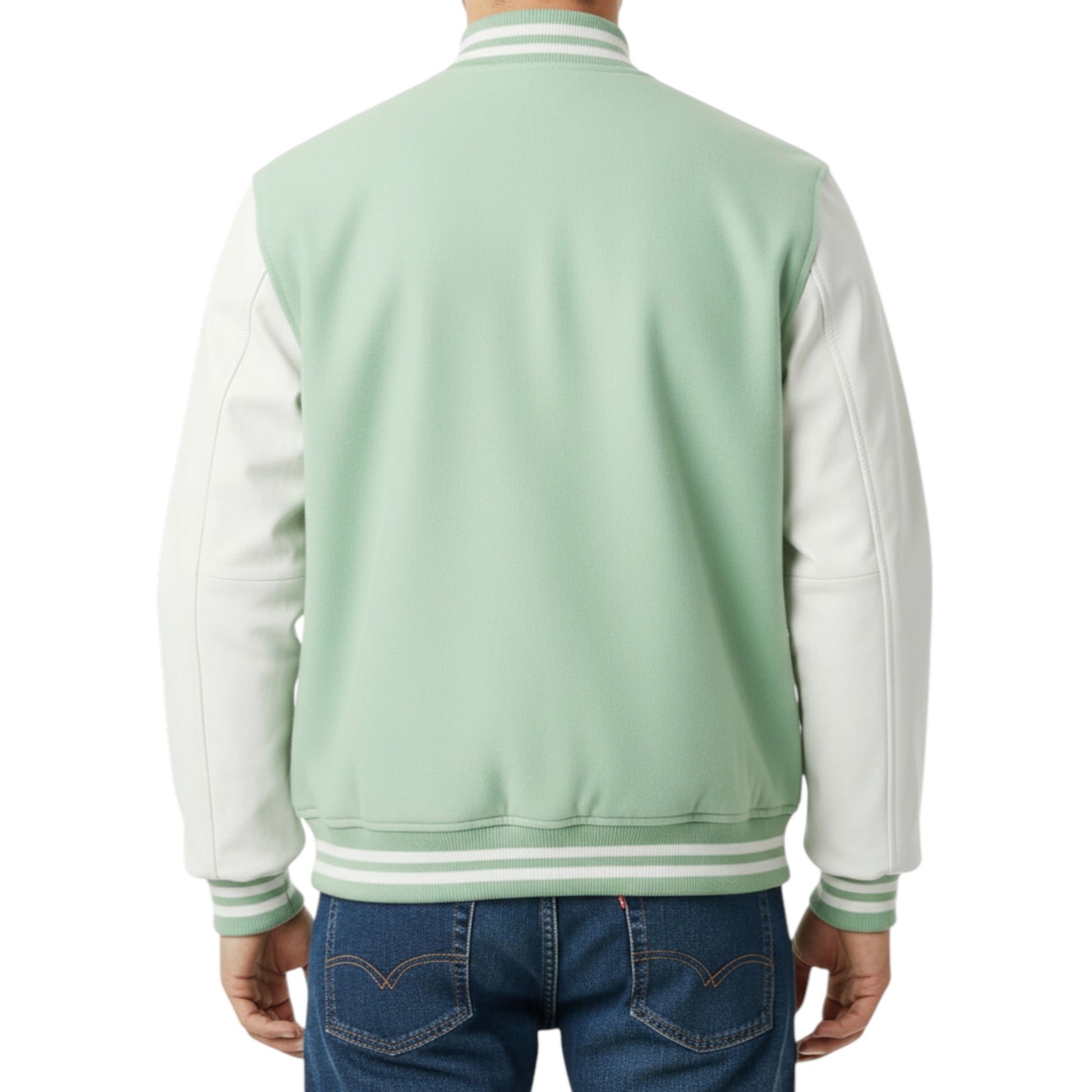 Light green varsity jacket with white sleeves worn by a person on a white background
