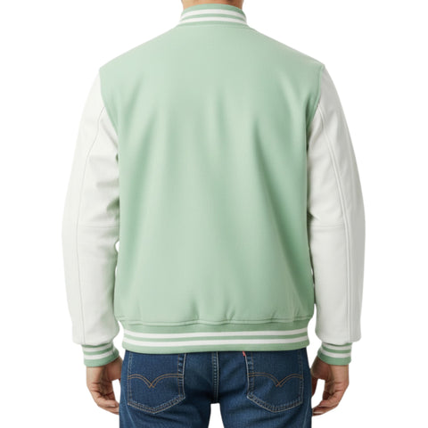 Light green varsity jacket with white sleeves worn by a person on a white background