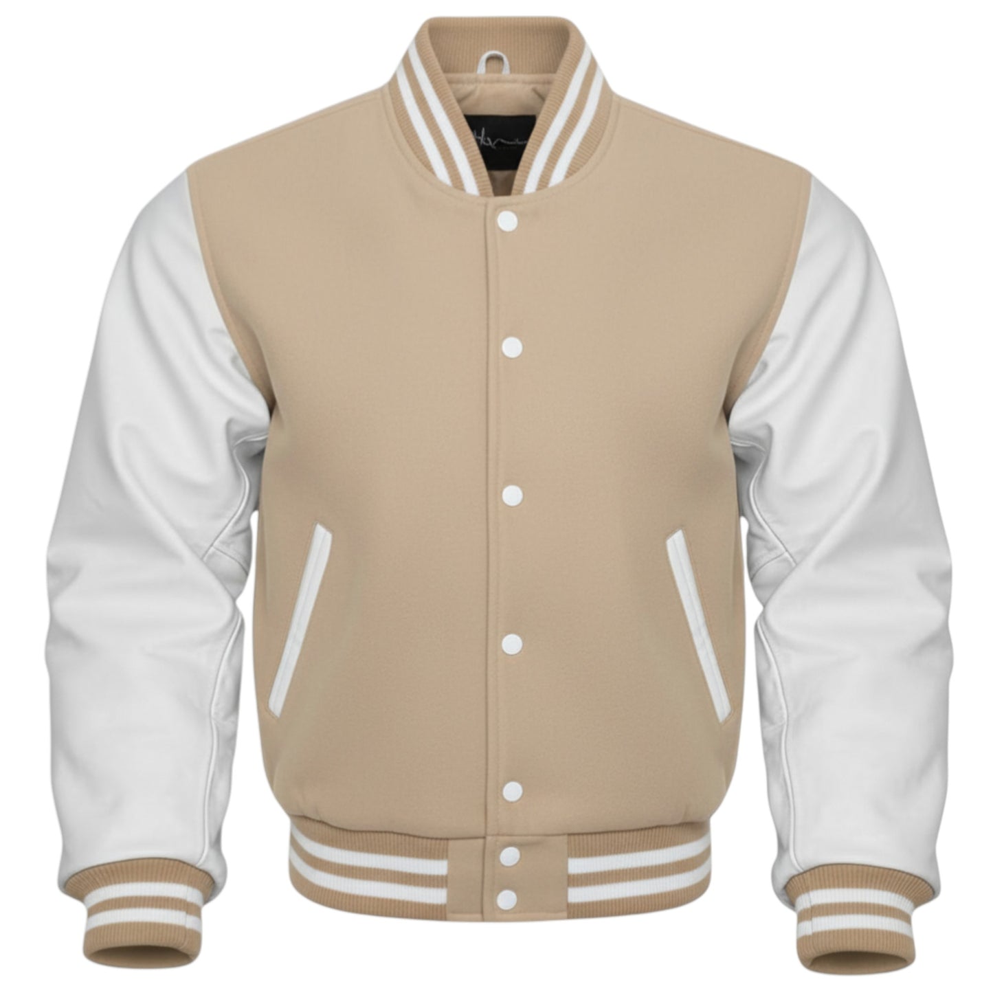 Beige and white varsity jacket on a white background