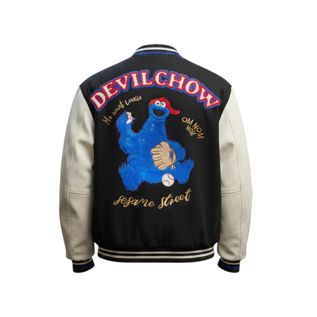Varsity jacket with 'Devilchow' and Sesame Street character design on a white background