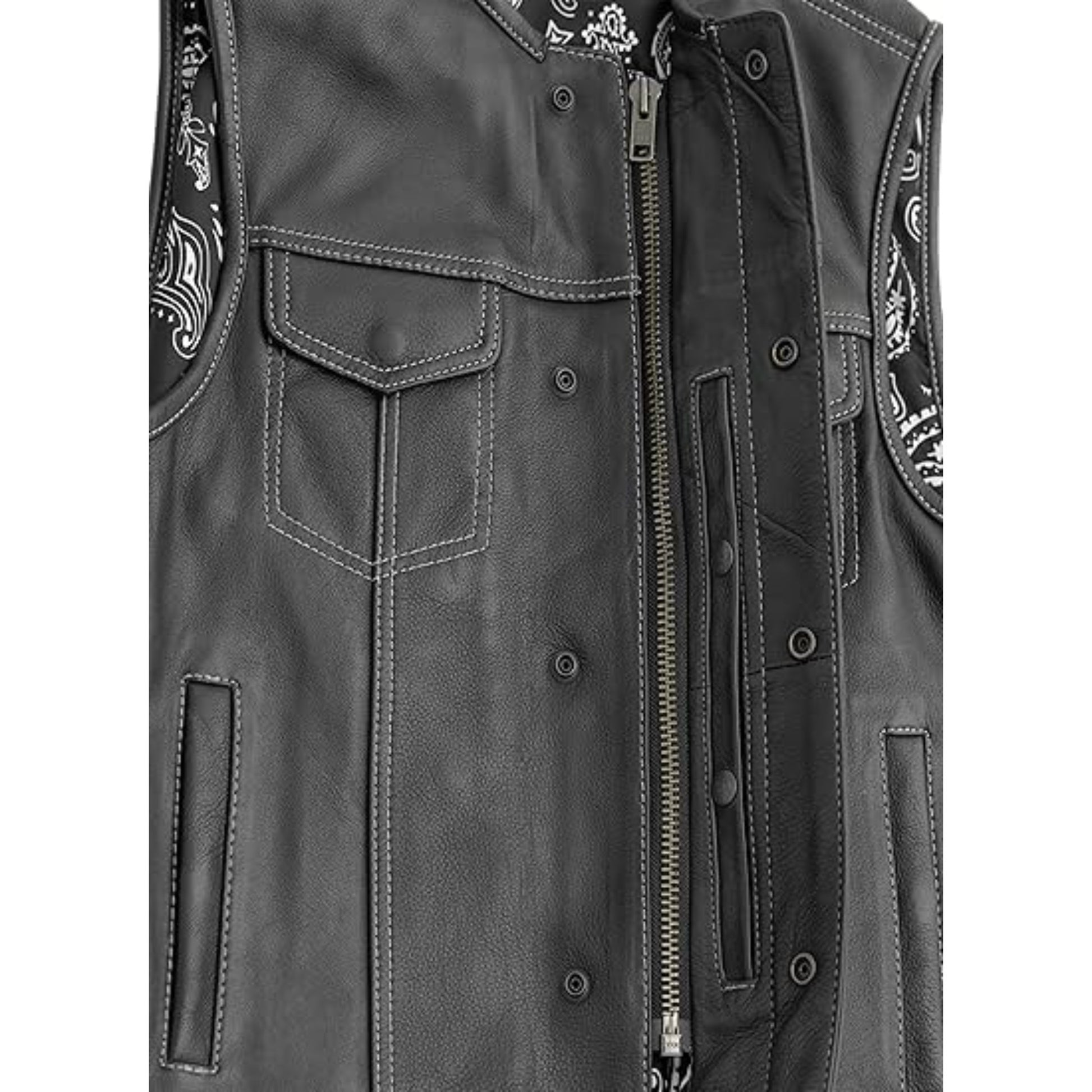 Close-up of a gray leather vest with decorative patterns on a white background