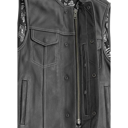 Close-up of a gray leather vest with decorative patterns on a white background