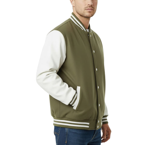 Green varsity jacket with white sleeves and collar on a white background