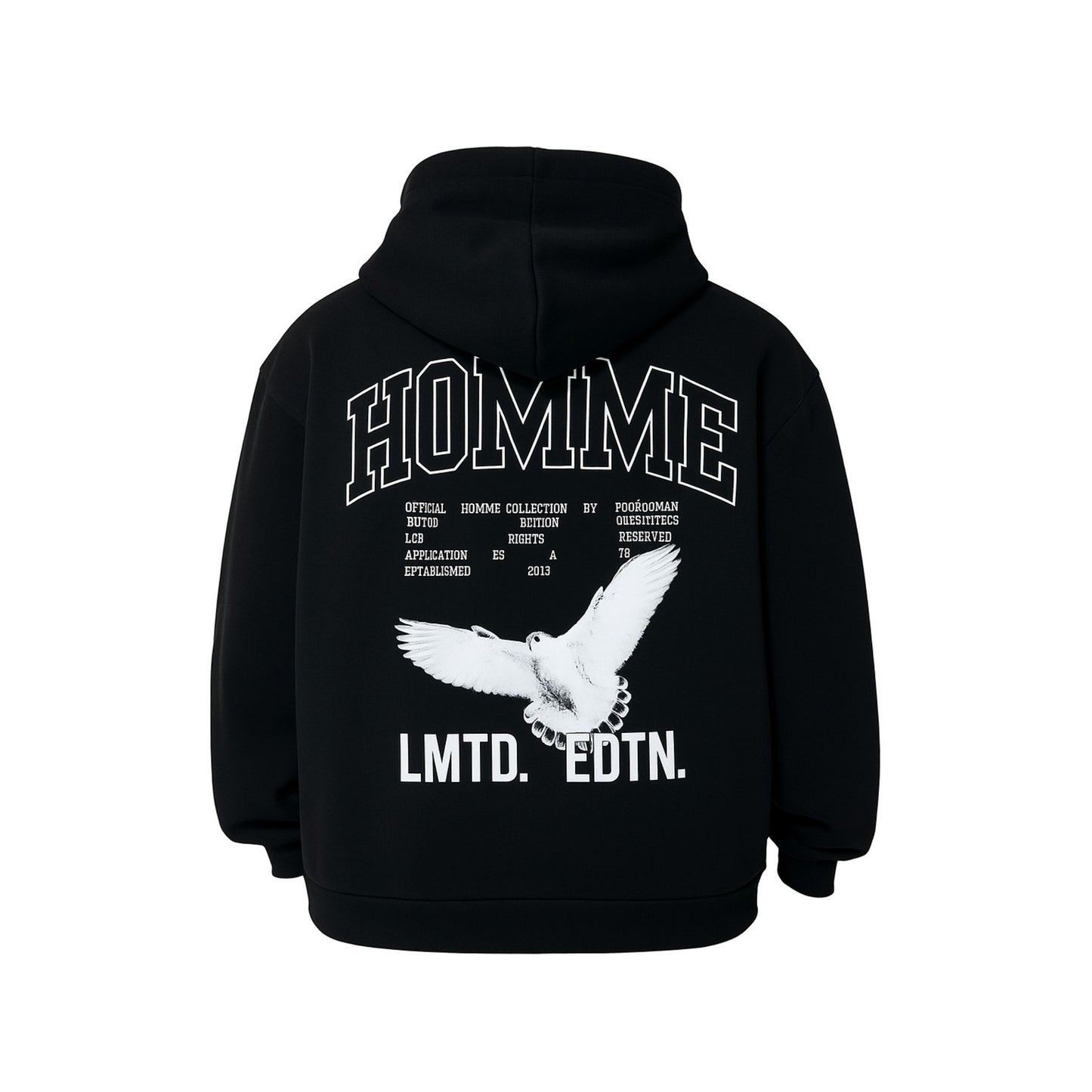 Black hoodie with white text and a bird graphic on the back, on a white background