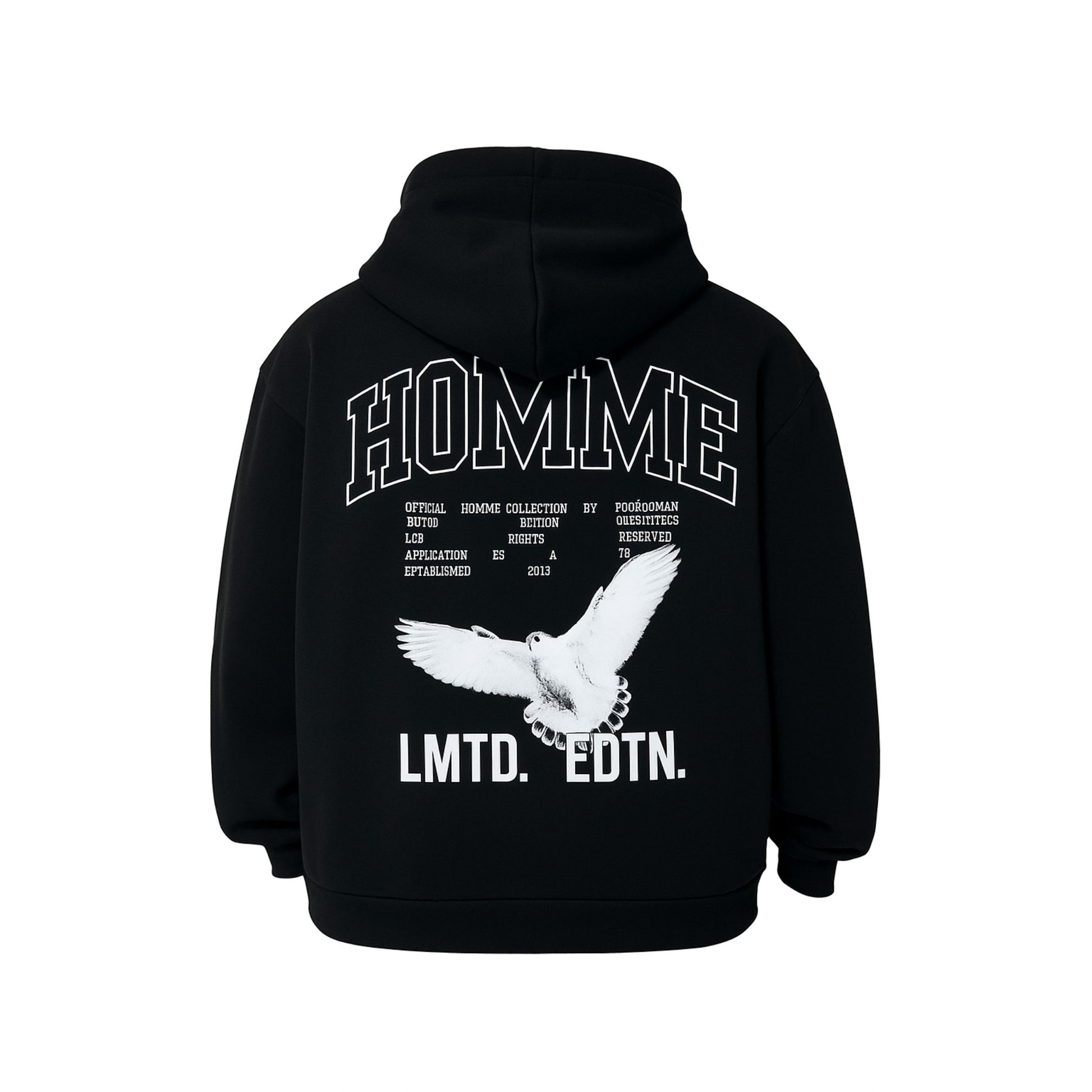 Black hoodie with white text and a bird graphic on the back, on a white background