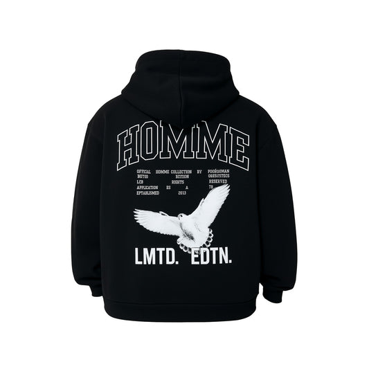 Black hoodie with white text and a bird graphic on the back, on a white background
