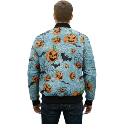 Person wearing a Halloween-themed jacket with pumpkins and cobwebs on a white background