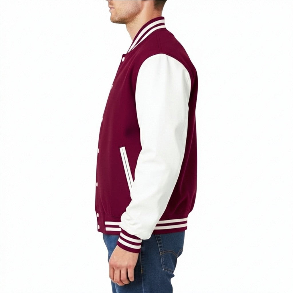 Maroon and white varsity jacket worn by a person on a white background