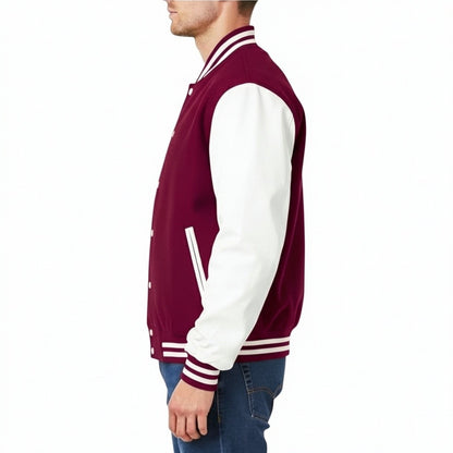 Maroon and white varsity jacket worn by a person on a white background