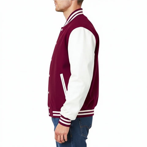 Maroon and white varsity jacket worn by a person on a white background