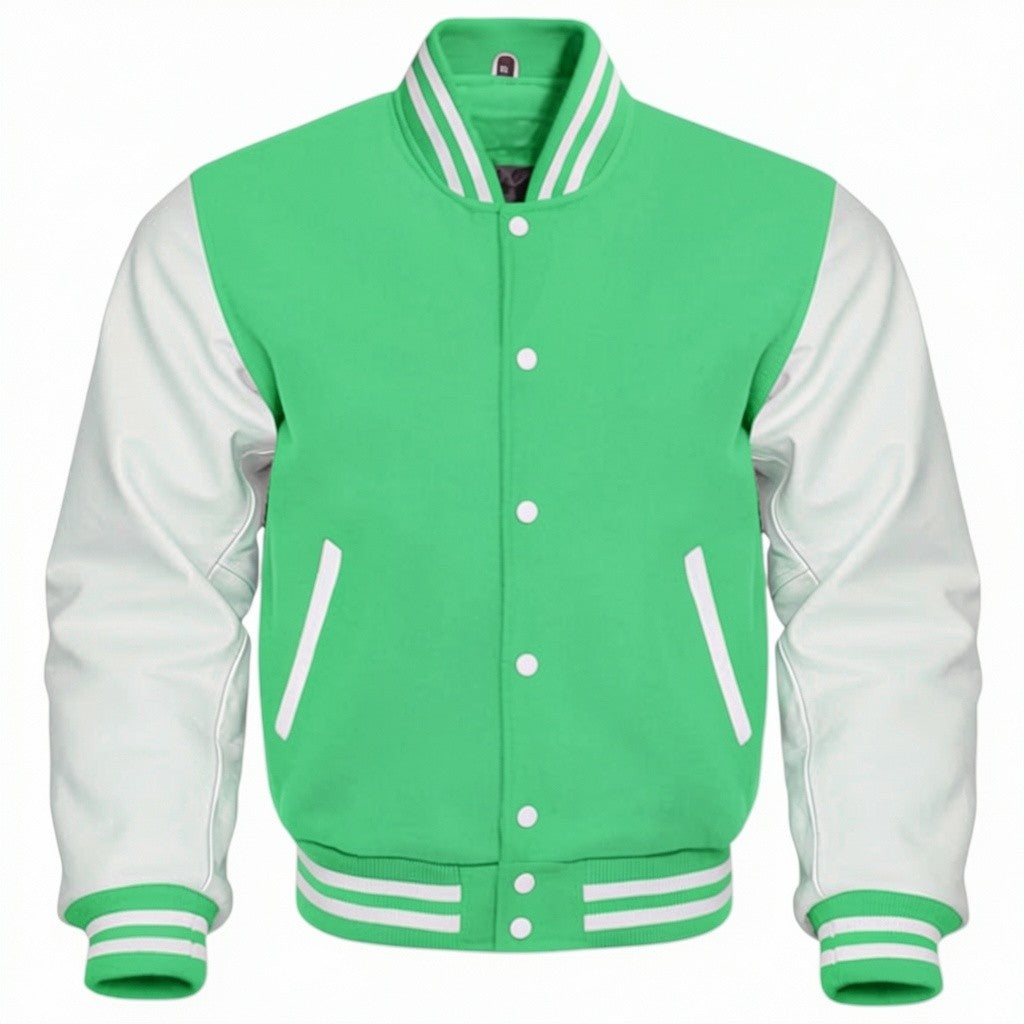 Green and white varsity jacket on a white background