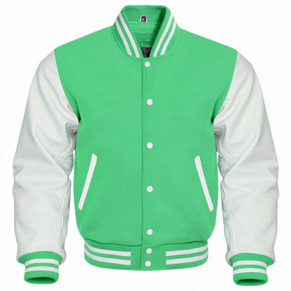 Green and white varsity jacket on a white background