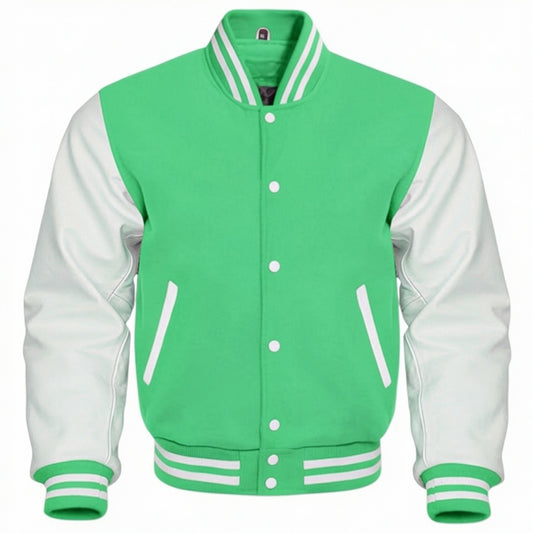 Green and white varsity jacket on a white background