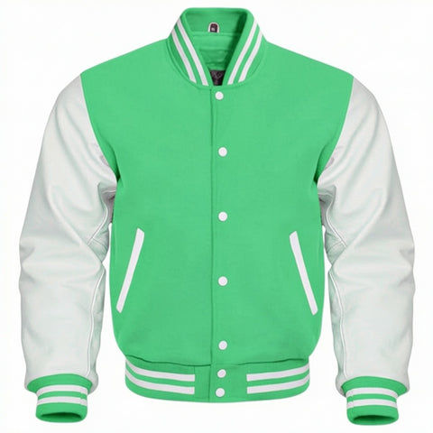 Green and white varsity jacket on a white background