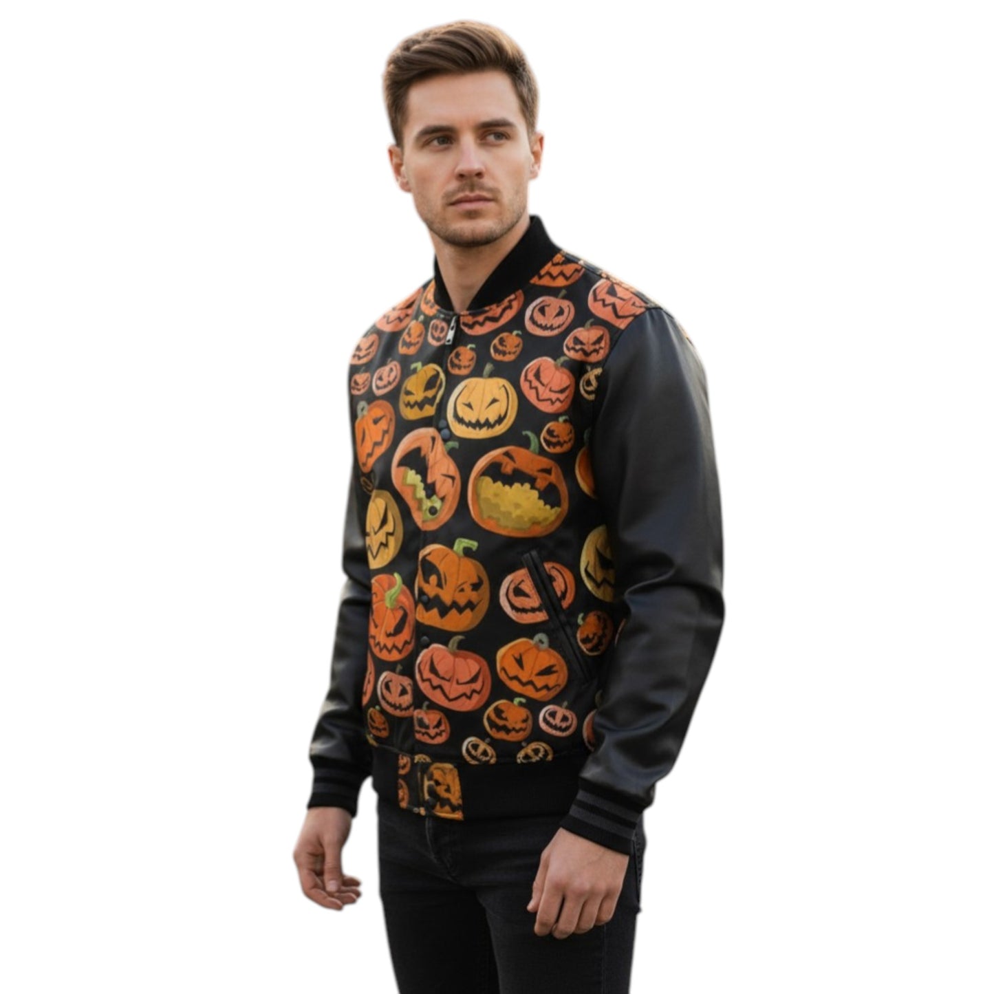 Man wearing a Halloween-themed sweater vest with pumpkins and ghosts on a white background