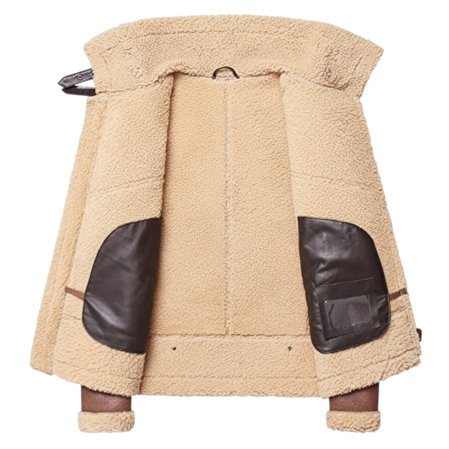 Beige fleece jacket with black leather patches on a white background