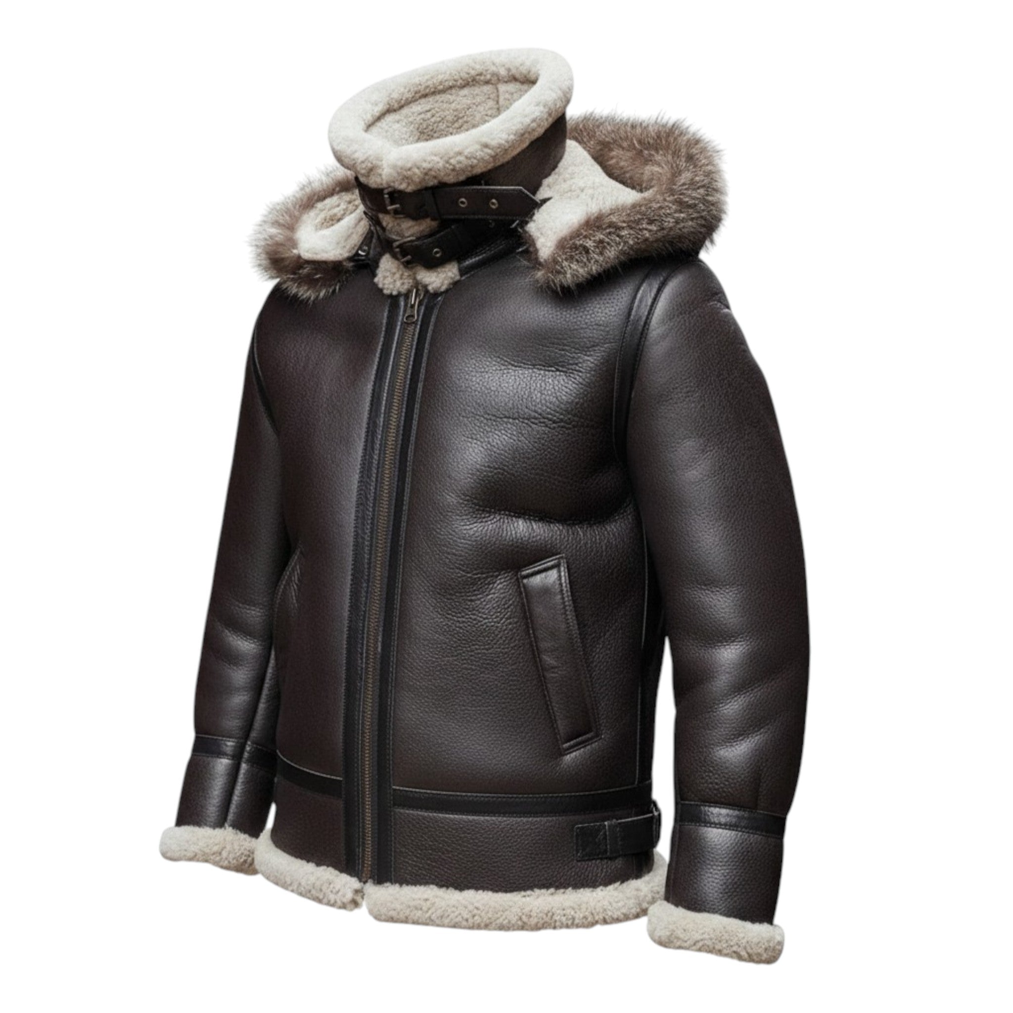 Brown leather jacket with fur-lined hood on a white background