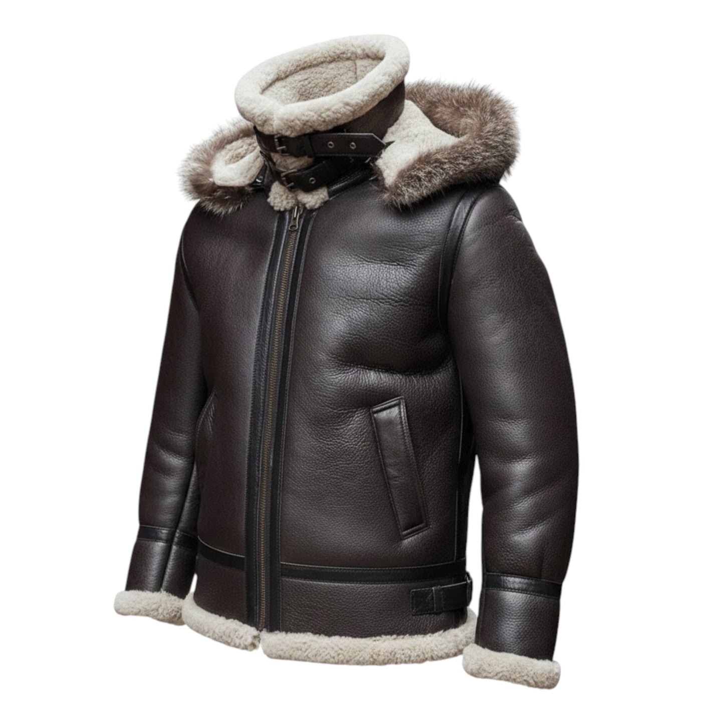 Brown leather jacket with fur-lined hood on a white background