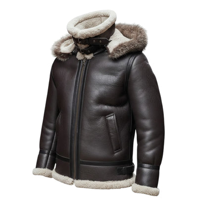 Brown leather jacket with fur-lined hood on a white background