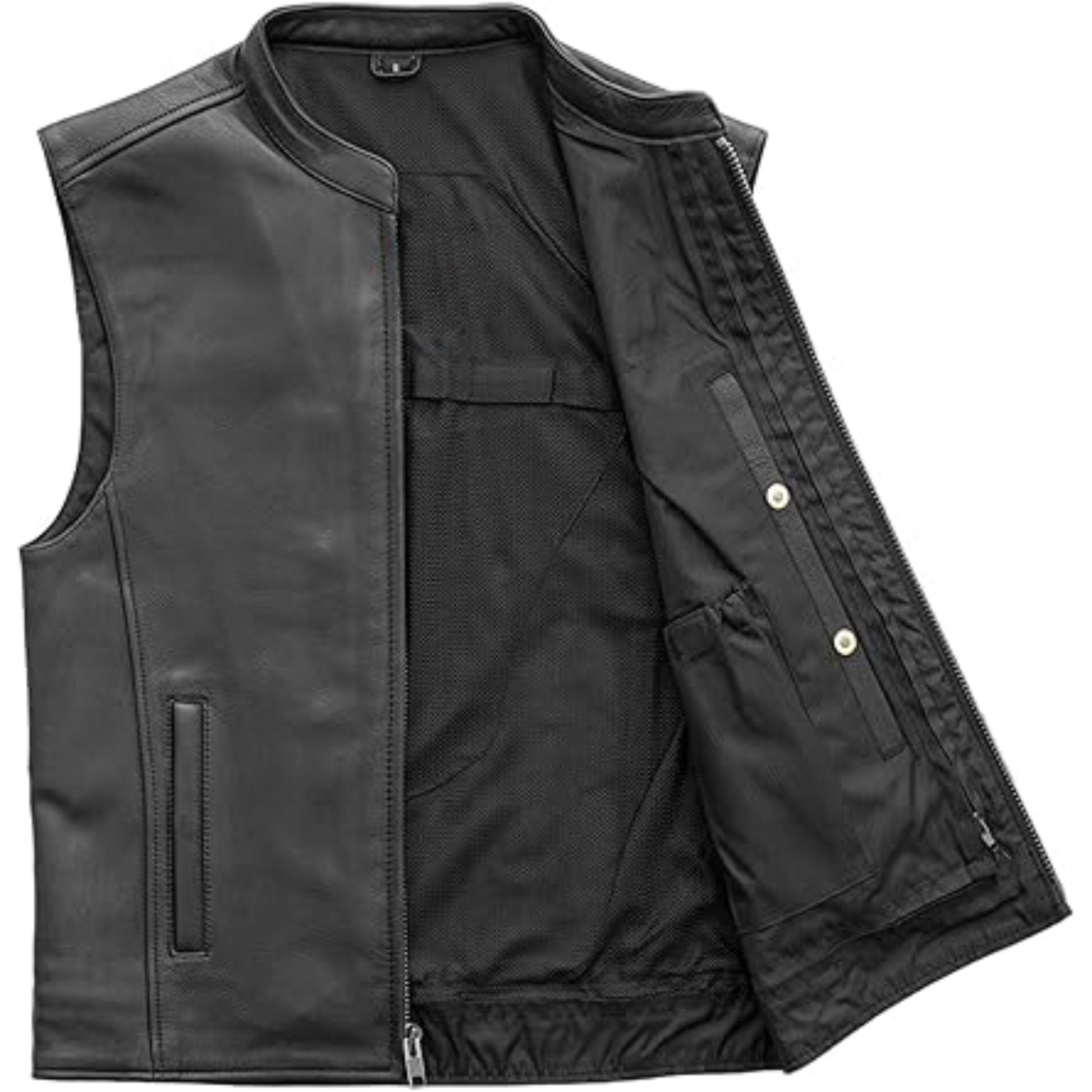 Black leather vest with zippers and buttons on a white background