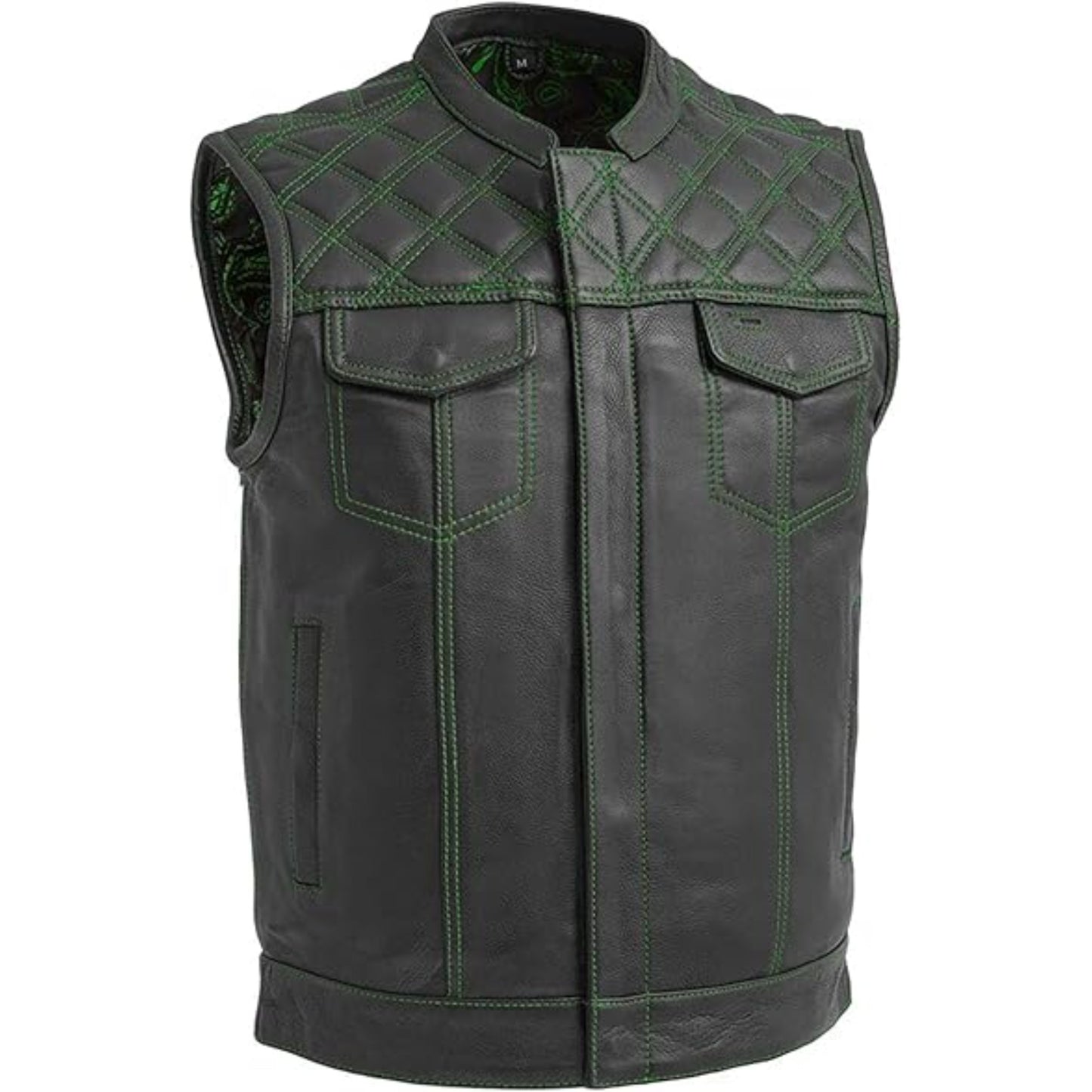 Black leather vest with green stitching on a white background