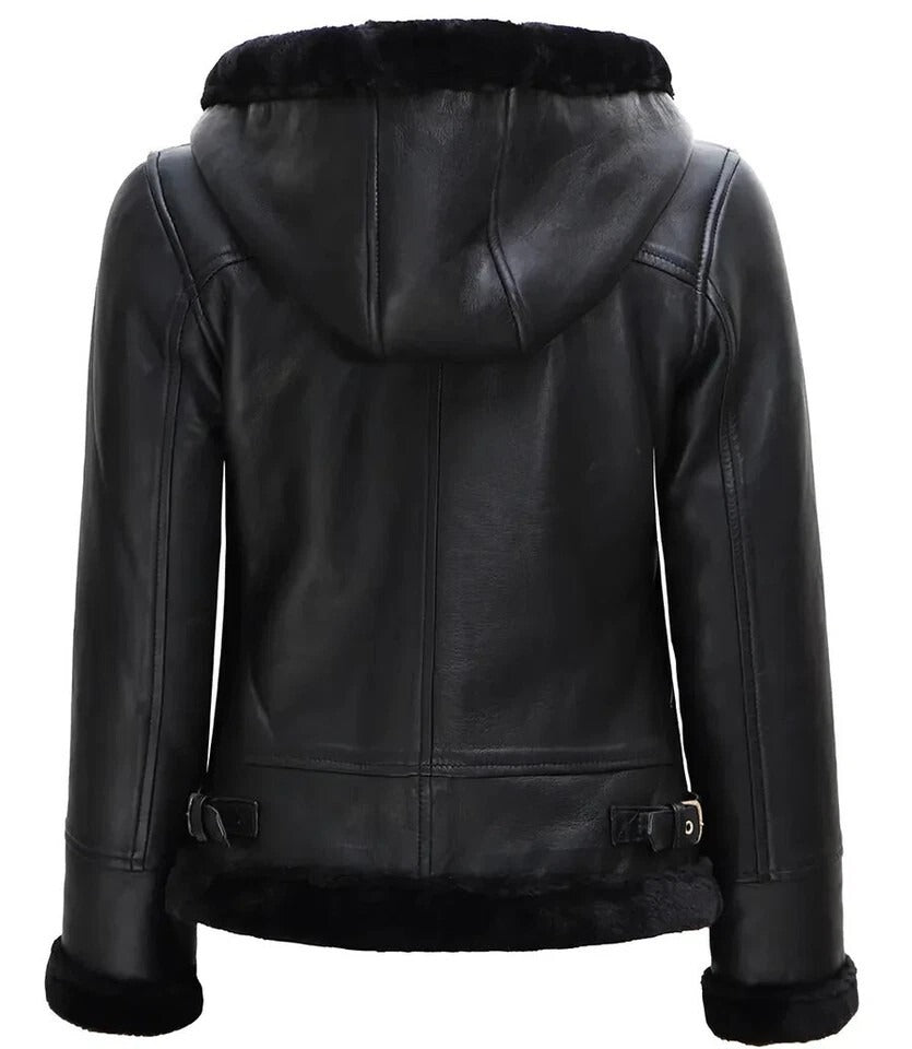 Black leather jacket with fur lining on a white background