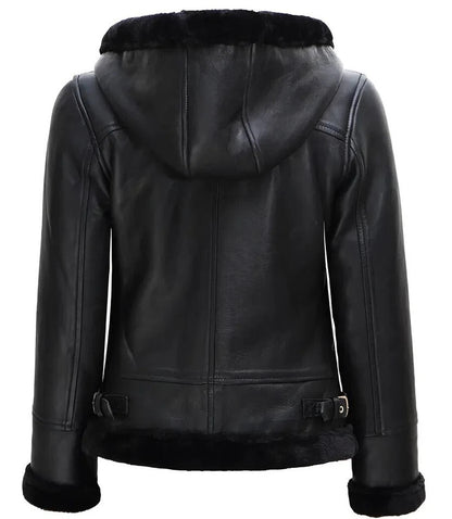 Black leather jacket with fur lining on a white background