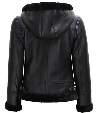 Black leather jacket with fur lining on a white background