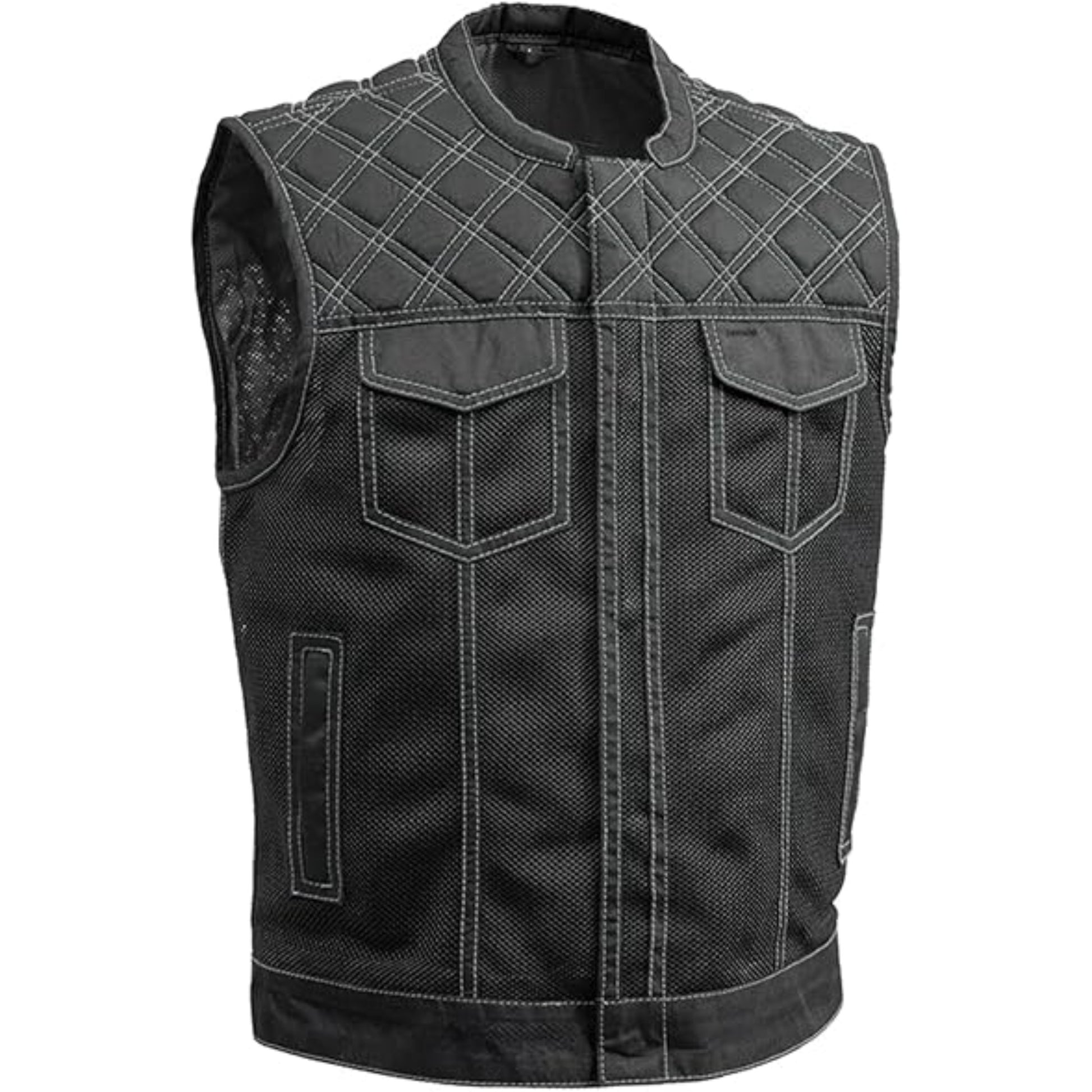 Black denim vest with quilted design on a white background