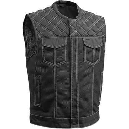 Black denim vest with quilted design on a white background