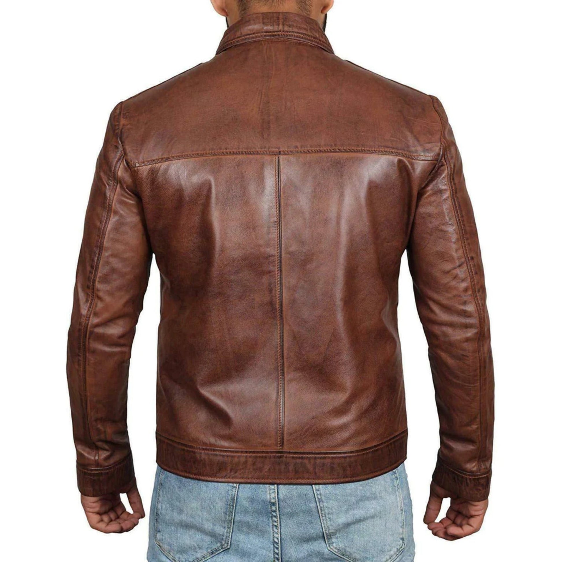 Brown leather jacket worn by a person on a white background