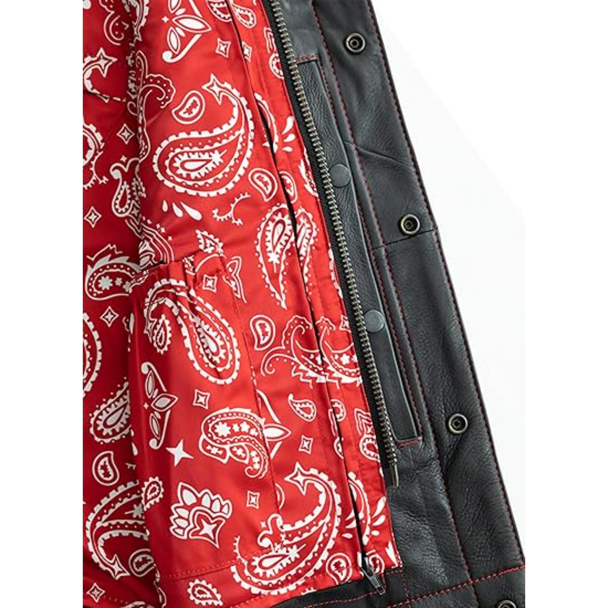 Red bandana-patterned jacket with black leather accents on a white background
