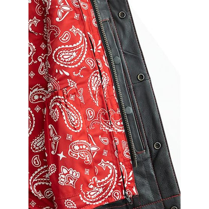 Red bandana-patterned jacket with black leather accents on a white background
