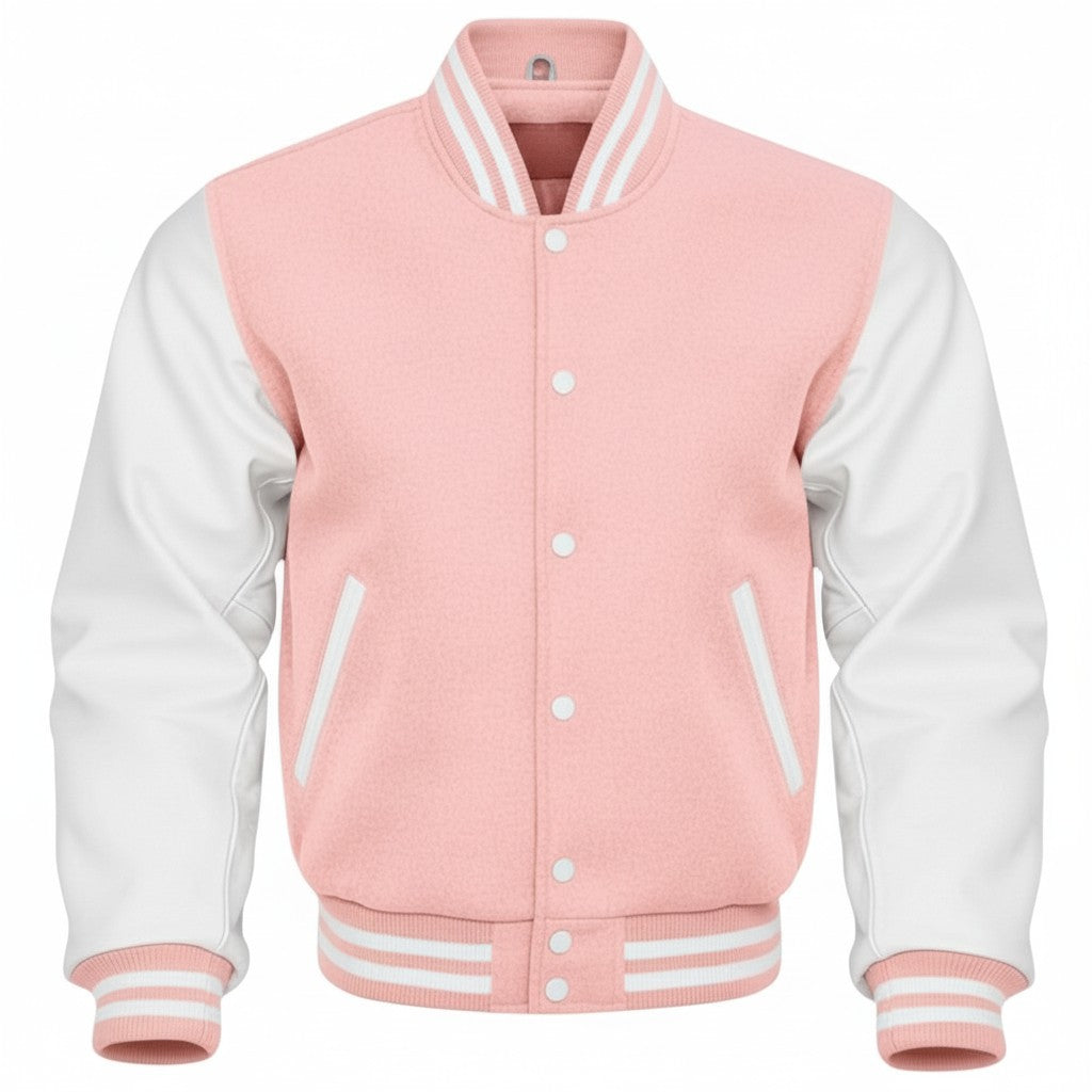 Pink and white varsity jacket on a white background