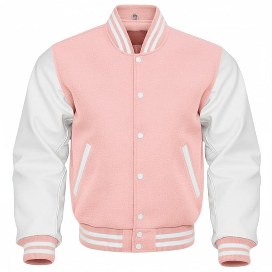 Pink and white varsity jacket on a white background
