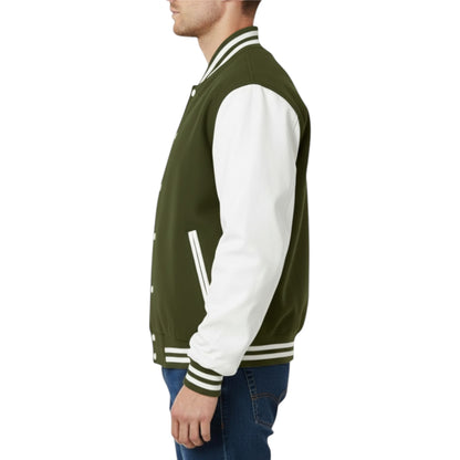 Unisex Olive Green & White Letterman Bomber – Retro Varsity Style