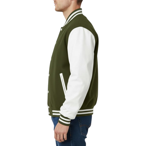 Green and white varsity jacket worn by a person on a white background