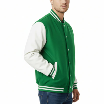 Men’s Classic Varsity Letterman Jacket Forest Green & White Bomber
