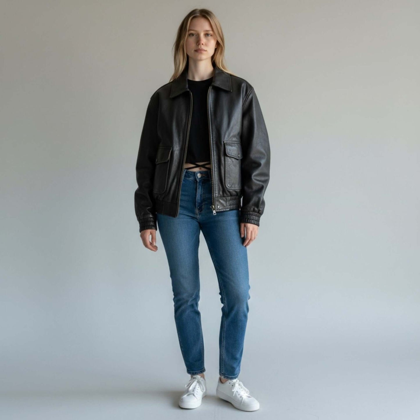 Women Vintage 90s Oversize Genuine Leather Bomber Jacket