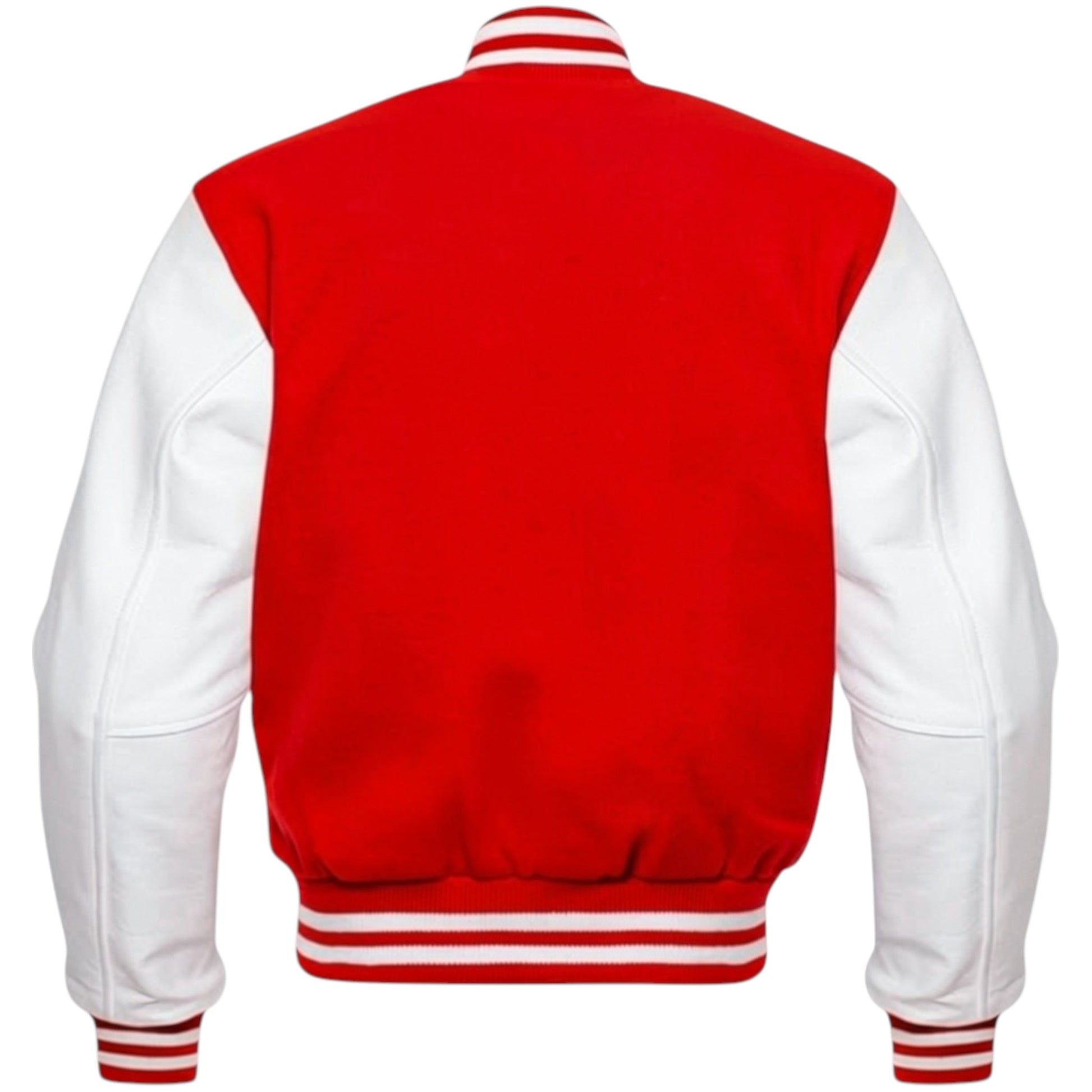 Red and white varsity jacket on a white background