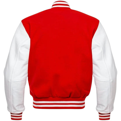 Red and white varsity jacket on a white background