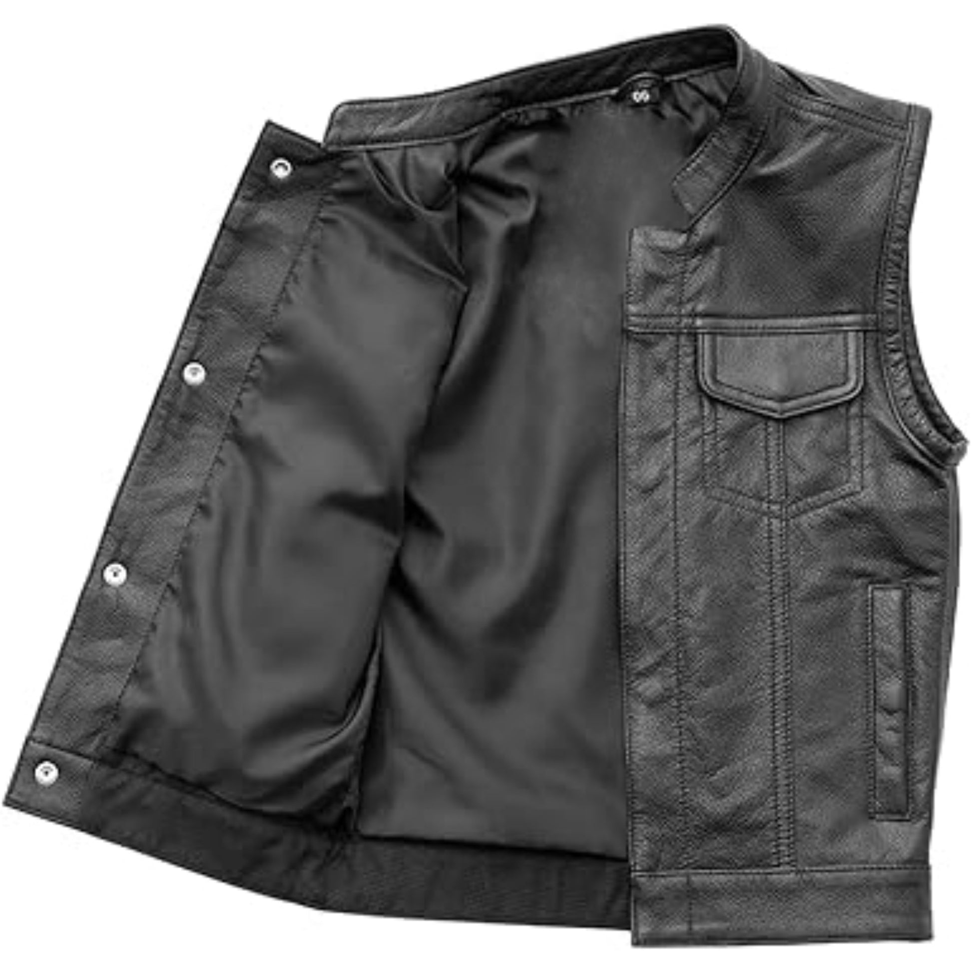 Black leather vest with button details on a white background