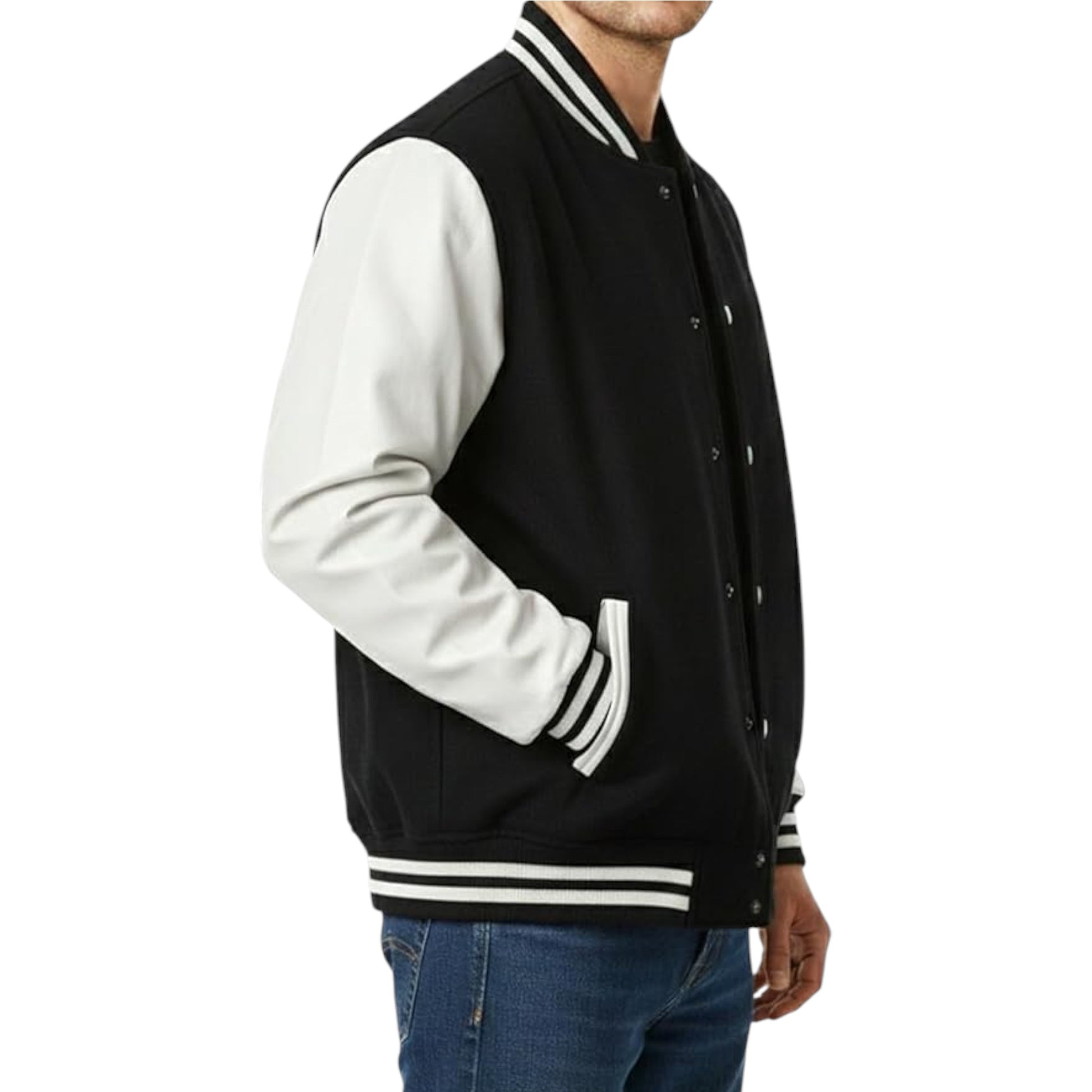 Black and white varsity jacket worn by a person on a white background